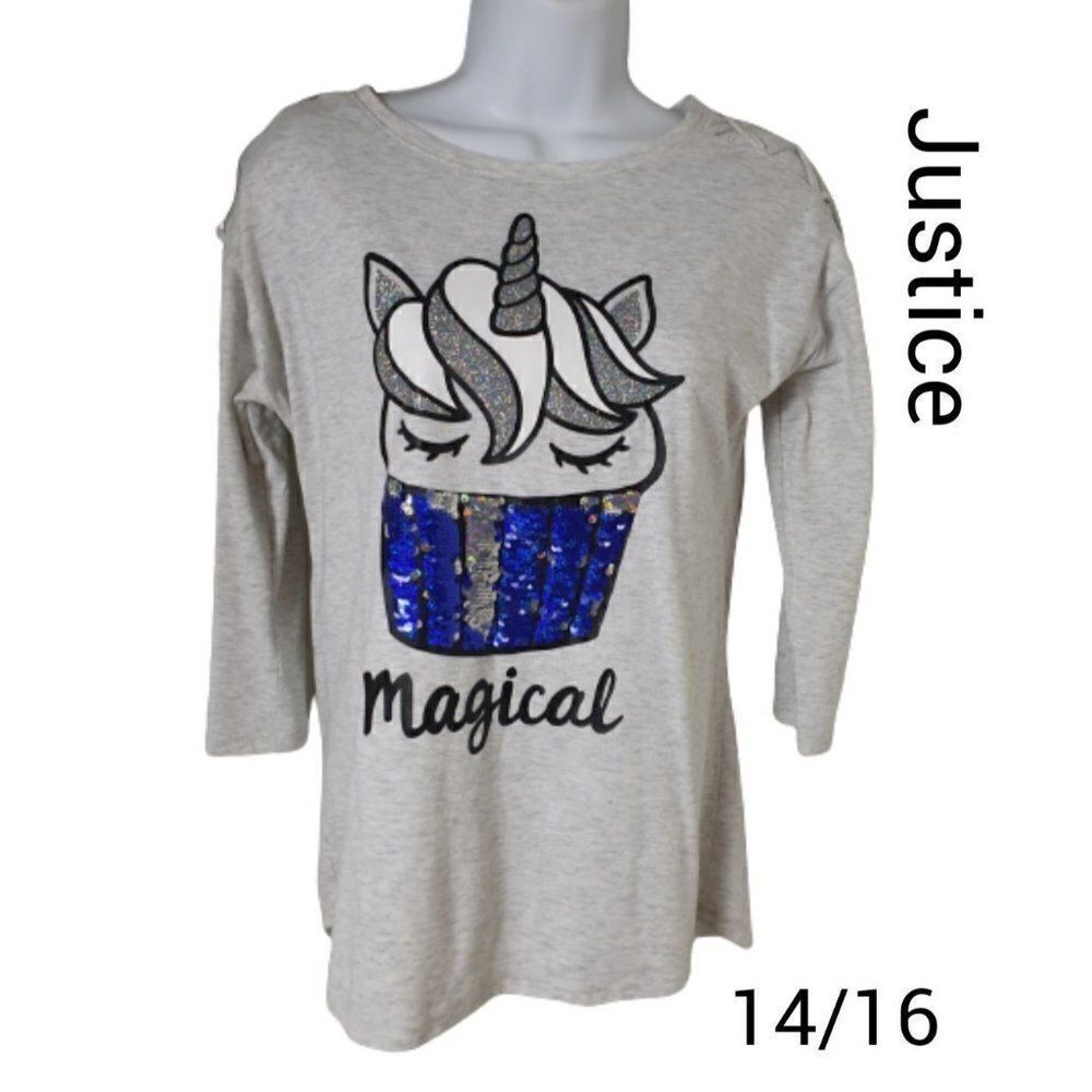 Justice Girls Glittered Unicorn Cupcake Flip Sequin 3/4 Sleeve Tee XL NWOT